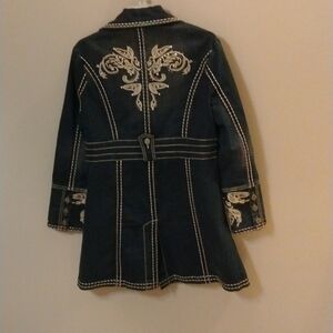 Zenim Denim knee length Denim Jacket with embroidery and rhinestones, size Med